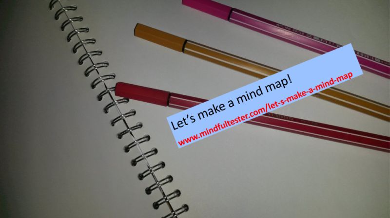 3 markes lying on an open notebook w. Showing texts “Let’s make a mind map” and “mindfultester.com/let-s-make-a-mind-map”!thout lines!