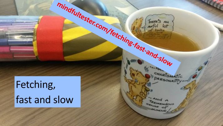 Mug of tea in front of markers in front of computer mouse. Showing texts “Fetching, fast and slow” and “mindfultester.com/fetching-fast-and-slow”!