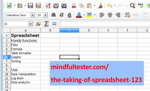 Spreadsheet containing handy functions (Filter, Formula, Graphs. And Sorting) and uses (Data manipulation, Log book, and Data analysis). Showing text “mindfultester.com/the-taking-of-spreadsheet-123”!