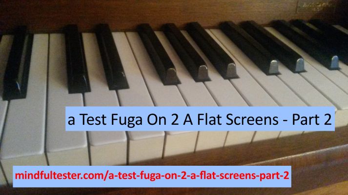Keys of a piano. Showing texts “a Test Fuga On 2 Flat Screens - Part 2” and “mindfultester.com/a-test-fuga-on-2-a-flat-screens-part-2”!