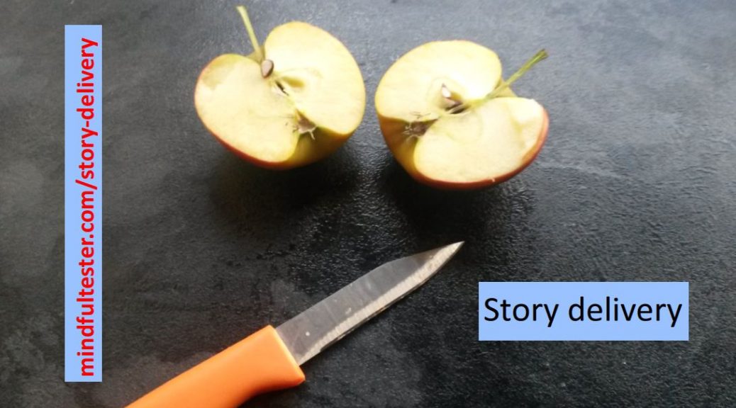 Apple perfectly cut in halves plus a knife. Showing texts “Story Delivery” and “mindfultester.com/story-delivery”!