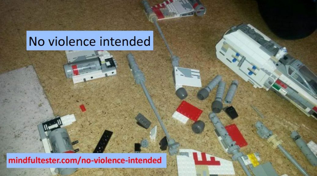 Broken toy which was a spacecraft. Showing texts “No violence intended” and “mindfultester.com/no-violence-intended”!