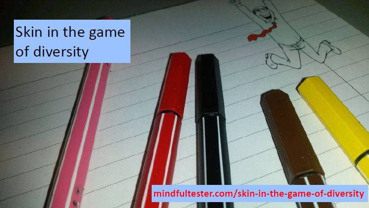 Coloured markers on a notepad with a picture of a cheering man. Showing texts “Skin in the game of diversity” and “mindfultester.com/skin-in-the-game-of-diversity”!