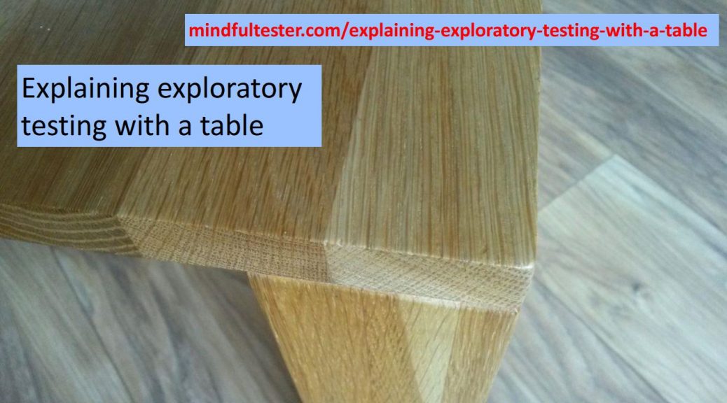 Invisible gun lying on a table. Showing texts “Explaining exploratory testing with a table” and “mindfultester.com/explaining-exploratory-testing-with-a-table”!